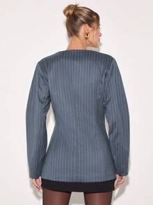 COSMINA Women's Elegant Deep V Waist Suit Blazer, Grey, Autumn, Casual, Work, Business , Office Attire - Blue - View 2