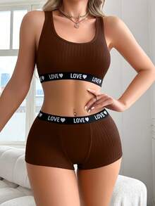 EasyFave Conjunto de lencería de sujetador y pantie con cinta con letras cómoda - Café integral - Ver 3