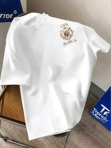 SHEIN 男士圆领字母几何印花休闲百搭通勤短袖T恤 - 白色 - 查看 2