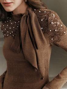 Anewsta Women's Autumn/Winter Lace Bow Knitted Base Layer T-Shirt, Pearl Embellished Design, Mocha Brown Top - Mocha Brown - View 1