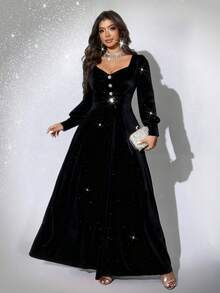 Viva Relle Plus Size Women's Elegant Romantic Party Dress, V-Neck Long Sleeve Velvet Sequin Embellished Fit & Flare Maxi Dress For New Year, Christmas, Holiday Ball, Red - Black - View 5