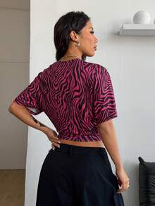 Coolane Women's Winter Y2K Concert Daily Wear Casual Back To School Streetwear Stretchy Zebra Graphics Short Sleeve Loose Ruched Crop Tee - Red and Black - View 6