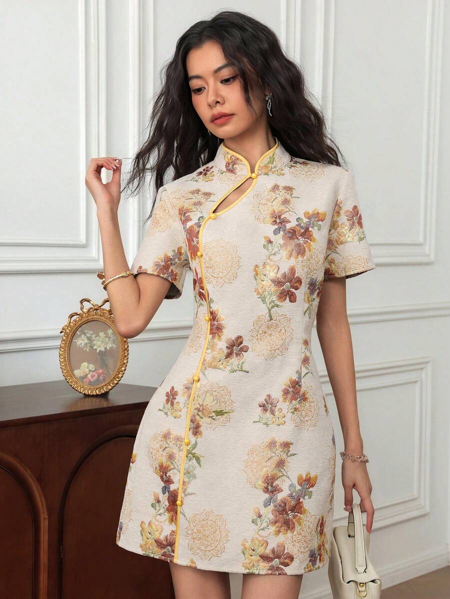 EastFlair 女士印花旗袍优雅短袖迷你连衣裙