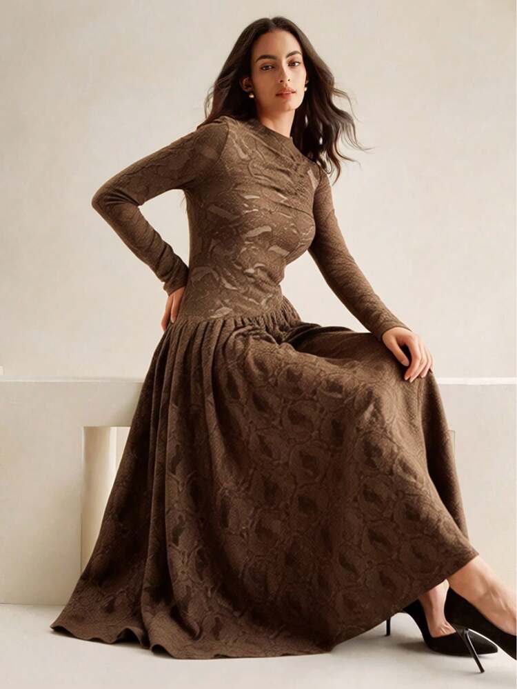 New Autumn/Winter French Fashion Knit Bodycon Dress, Elegant Slim Fit Long Dress For Women, Brown Color, Long Sleeve, Luxurious Party Dress