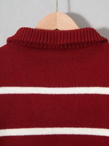 Tween Boys' Fashion Zip-Up V-Neck Pullover Sweater With Contrast Black/White Color-Block Design, Relaxed Fit And Flip Collar, Suitable For Daily Wear, Holiday Gatherings, And Autumn/Winter Seasons