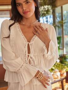 Lullawish White Boho V Neck Long Bell Sleeve Ruffle Hem Woven Fabric Women Pajama Pant Set - White - View 3