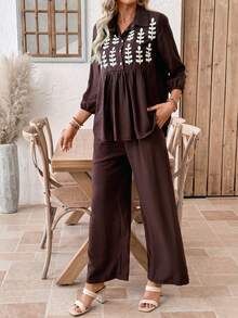 EMERY ROSE 两件套女士度假植物印花灯笼袖衬衫和裤子套装 - 棕色 - 查看 5