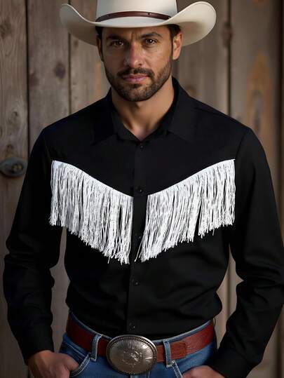 Manfinity Nomadique Men's Western Style Long Sleeve Single-Breasted Casual Fringe Shirt Men Black And White Shirt Long Sleeves Western Men Shirt Mens Fringe Mens Western Tops