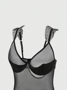 Women's Solid Color Mesh Ruffled Sheer Sexy Jumpsuit - Black - View 5