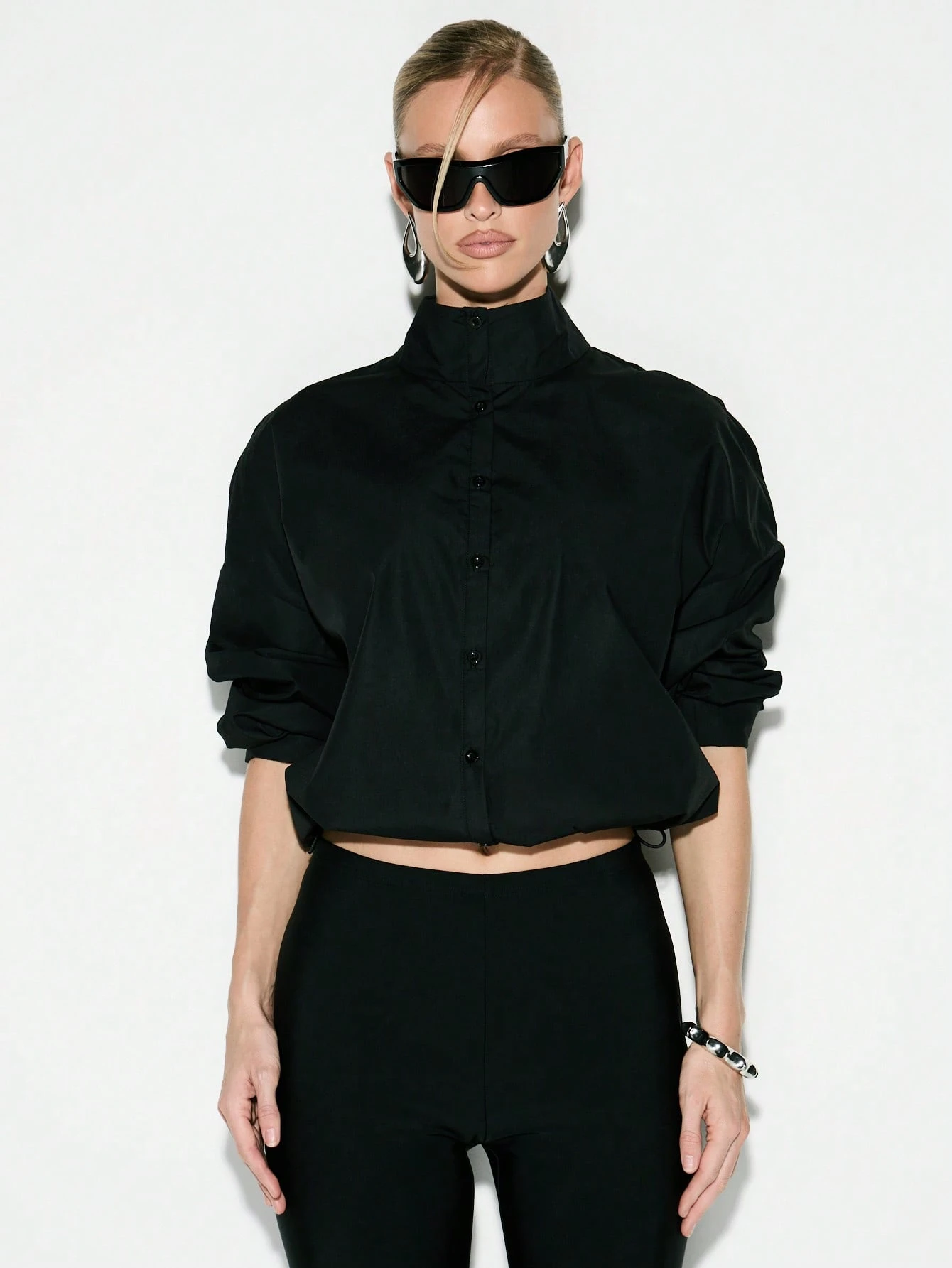 KIZN Funnel Neck Button Front Blouse With Drawstring