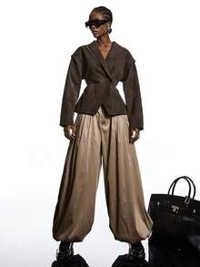 LYSMO 2025新款极简主义冬季女装时尚单扣口袋长袖外套棕色西装外套女士西装外套棕色夹克连衣裙棕色服装，新年服装，新年造型 - 咖啡棕 - 查看 7