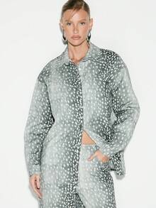KIZN Oversized Denim Button Down Shirt With Artistic Dot Print Pattern Long Sleeve Collared Blouse Fall Winter Fashion - Multicolor - View 1