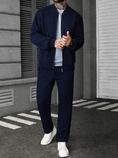 Manfinity CasualCool 男士纯色拉链外套和裤子休闲套装