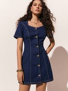 Poéselle New Women's Denim Dress, Retro And Stylish Button-Waist Denim Midi Dress, Short Sleeves, Dark Blue Denim Dress, Elegant Party Dress, Women's Summer Dress, Spring Break Outfit, Women's Party Dress. - Dark Wash - View 5