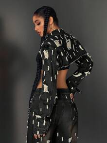 Jeanoix Women's Casual Fashion Street Chic Sexy Raw Edge Ripped Super Crop High-Low Hem Denim Jacket - Black - View 2