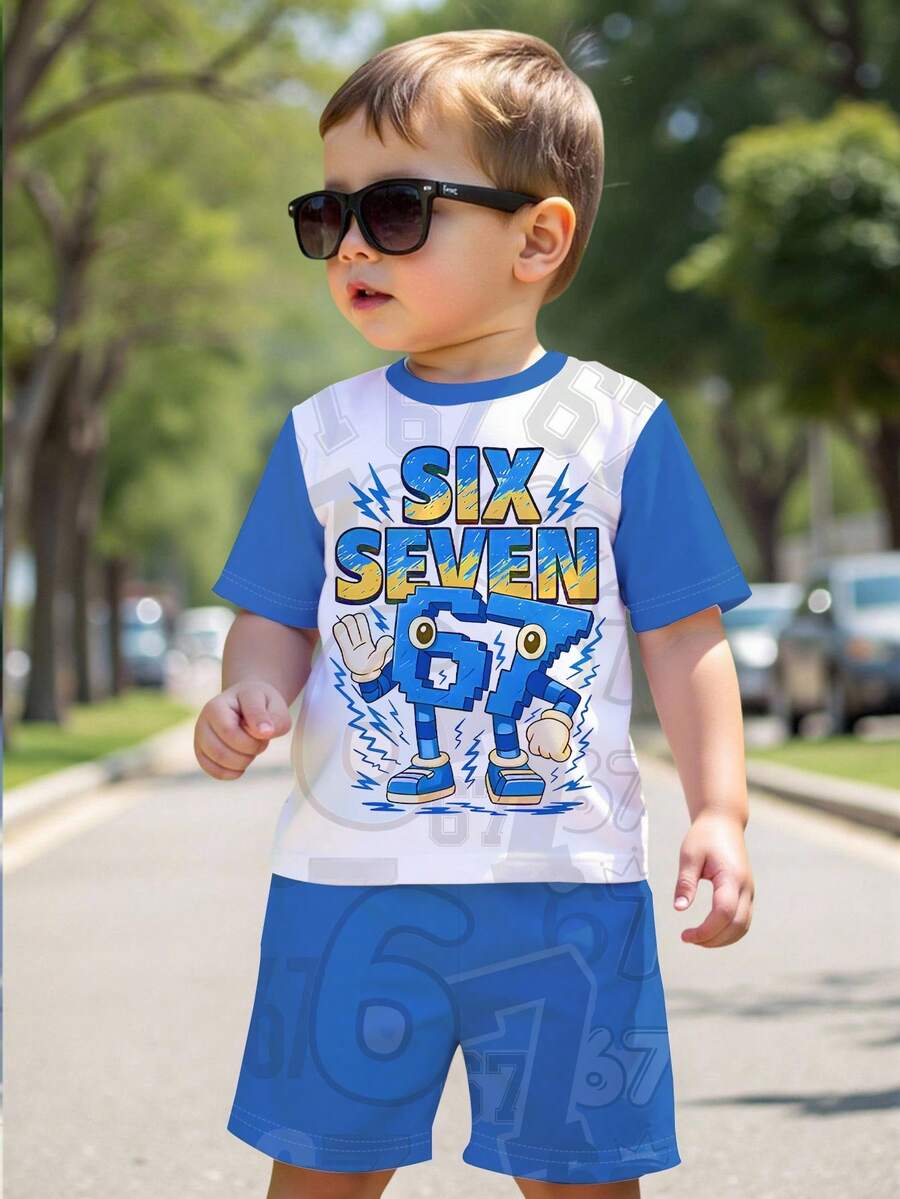 一套男童休闲时尚酷炫趣味拟人化67图案“SIX SEVEN”印花撞色短袖圆领T恤和短裤套装，适合春夏外出穿着。 - 彩色 - 查看 1