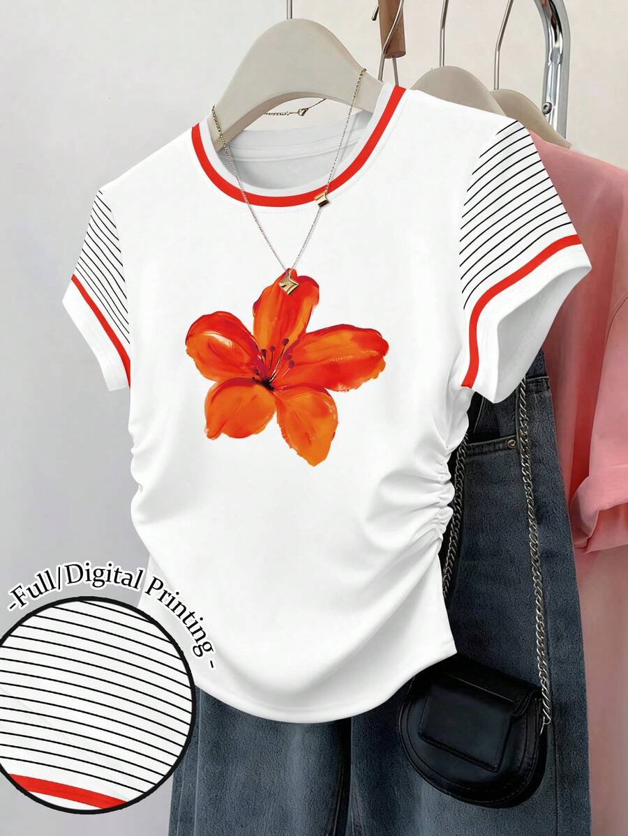Resyla 女士收腰短袖修身褶皱腰部上衣T恤，芙蓉花印花图案短袖条纹T恤 - 彩色 - 查看 1