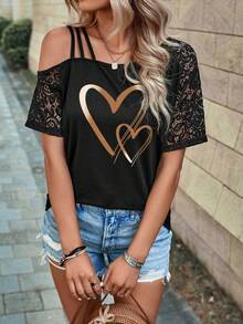 Selamara Fashionable Casual New Black Lace Sleeve Off-Shoulder Heart Print T-Shirt - Black - View 5