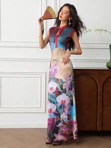 EastFlair 女士印花系领修身优雅连衣裙 - 彩色 - 查看 2