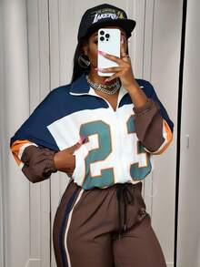 Slaydiva 新款秋冬女装返校套装，适合万圣节、商务休闲、日常穿着，包含一件短款拉链夹克（带小立领）和一条直筒裤（裤脚开衩），有海军蓝、棕色、橙色、灰色和条纹/印花图案可选，两件套。 - 彩色 - 查看 12