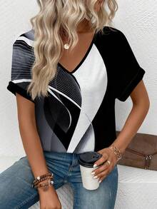 EMERY ROSE New Arrival Spring/Summer Party Style Crystal Tassel Graphic V-Neck Short Sleeve T-Shirt - Multicolor - View 5