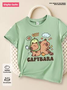 Sparklyn Tween Girls 可爱水豚卡通印花圆领短袖绿色 T 恤，夏季女童 T 恤 - 綠色 - 查看 7