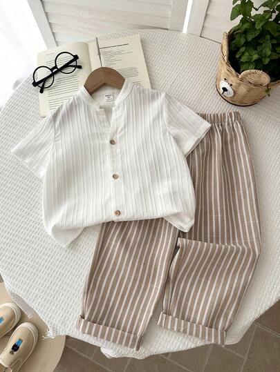 LMoss Kids LMoss  2pcs Young Boy Woven Solid Color Casual Shirt And Striped Pants Set,Boys Preppy Tops, Casual Boy Clothes, Toddler Boy Suit Set, Boy Formal Set, Boy Two Piece Set