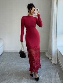 Elenzga Elegantes Pendlerkleid mit Spitzen-Patchwork - Rot - Übersicht 5