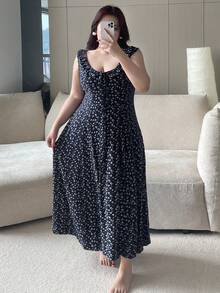 Dazy Plus 大码女式碎花弹力修身长款睡裙，春夏休闲家居服 - 藏蓝色 - 查看 6