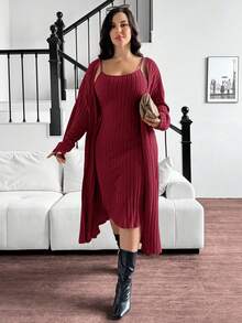 SHEIN Essnce 大码女装秋冬休闲舒适长袖军绿色紧身连衣裙和长款开衫两件套，秋季服装，秋季连衣裙套装，女士外套套装，两件套加大码 - 酒紅色 - 查看 4
