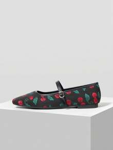 MOTF PREMIUM WOMEN CHERRY JACQUARD SQUARE TOE FLATS VALENTINE'S DAY - Black - View 4