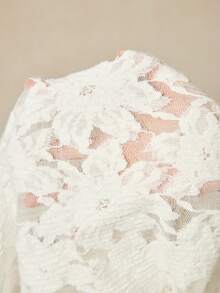 SoleilVie 女士优雅复古花卉网纱圆领喇叭袖短款时尚T恤，新年白色优雅上衣 - 白色 - 查看 7