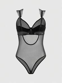 Women's Solid Color Mesh Ruffled Sheer Sexy Jumpsuit - Black - View 2