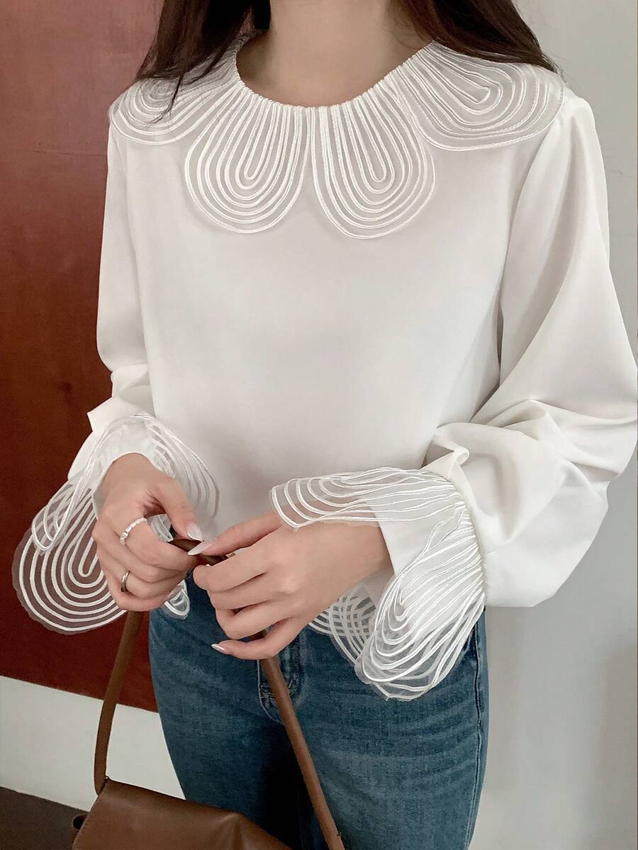 INAWLY Blusa holgada con cuello de muñeca y mangas acampanadas de estilo casual para mujer - Blanco - Ver 1