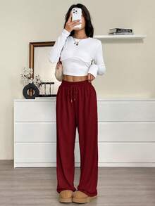 SHEIN EZwear 加大码红色抽绳腰休闲宽松阔腿运动裤 - 紅色 - 查看 4