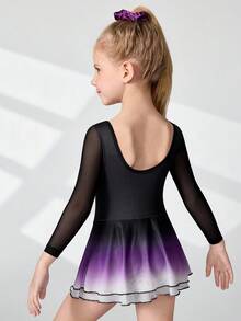 SHEIN Young Girls Activewear Figure Skating Dress,Sport Autumn Training Competition,Fashionable Raglan Sleeve,Anti-Flashing Skirt,High Elasticity Comfort - Black and White - View 2