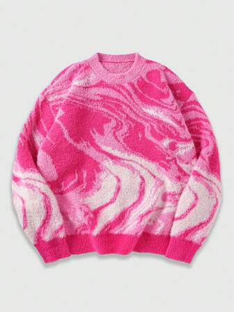 Street Life Men's Oversized Marble Jacquard Crew Neck Long Sleeve Casual Loose Cashmere Sweater