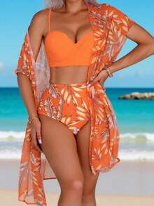 Conjunto de bikini sexy de verano para mujer con estampado tropical, parte superior e inferior separables, y kimono de manga corta a Set - Naranja Quemada - Ver 1