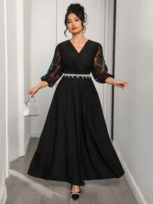 Modelyn 大码女式交叉V领提花灯笼袖连衣裙，适合派对、办公室、机场、通勤、家庭聚会、宴会、商务场合穿着 - 黑色 - 查看 5