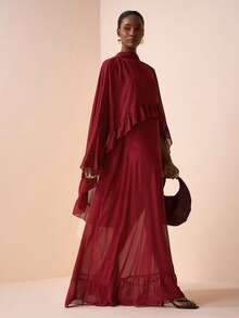 Zivah 新款春夏波西米亚度假风通勤酒红色雪纺荷叶边不规则下摆披肩上衣+宽松荷叶边吊带连衣裙两件套。适合约会、情人节、日常出行、旅行、度假、海滩、婚礼季、婚礼宾客着装、早午餐穿搭、机场穿搭。风格：西部风、游牧风、波西米亚风、通勤风。 - 酒紅色 - 查看 6