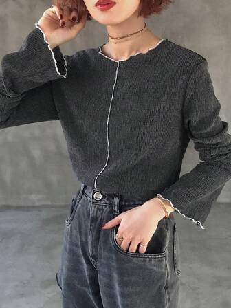 FRIFUL Camiseta casual holgada de mujer con cuello redondo, manga larga y diseño de ribete acanalado en contraste de color, para otoño/invierno