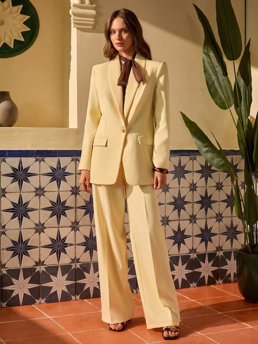 Bóhologie 女士纯色披肩领长袖夹克和裤子休闲套装 - 黃色 - 查看 1