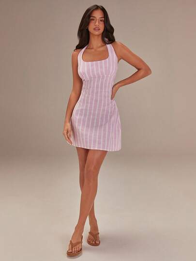 Athîral Women's Pink Striped Casual Mini Dress With Halter Neck Tie Design, Comfortable And Soft Woven Fabric,Valentine Clothes,Summer Outfits For Women,Valentine's Day Outfit,Birthday Outfits For Women,Casual Dress For Women,Wedding Party Dress,Valentines Day Dress,Elegant Dresses For Women,Pink Dress
