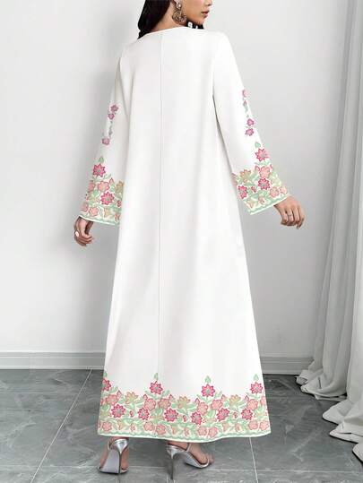 SHEIN Najma 女士花卉叶子印花V领长袖优雅连衣裙，春秋季