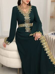 Al Najma 2025 New Arrival Olive Green V-Neck Arabic Style Dress With Gold Lace, Pearl Embroidery Trim Patchwork - Dark Green - View 7