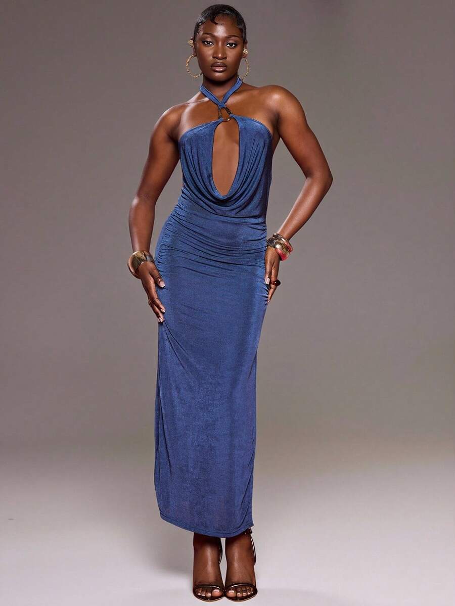 Normani Women's Solid Color Draped Slit Thigh-High Halter Neck Dress, Sexy - Blue - View 1