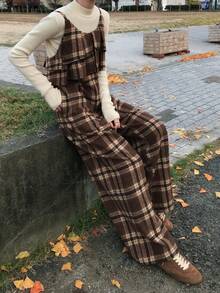 FRIFUL Bộ jumpsuit nữ kẻ caro xếp lớp, ống thẳng, dáng rộng, thoải mái, đa năng cho mùa thu/đông, thích hợp mặc ở nhà. - Nhiều màu - Xem 5