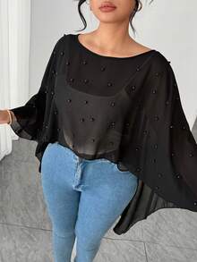 Elenzga Plus Size Women's Minimalist Black Semi-Sheer Chiffon Bubble Decor Blouse Plus Size Black Tops Black See Through Top Sheer Top Plus Size - Black - View 5