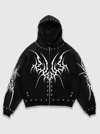 Felpa con cappuccio casual e alla moda da uomo con stampa grafica e croce, con chiusura lampo