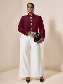 EMERY ROSE Plus Size Black Shirt With Elegant Metal Decor Button - Burgundy - View 5